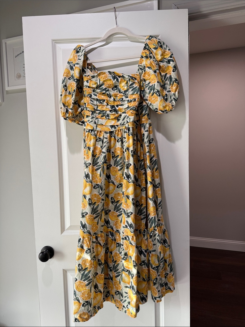 Abercrombie & Fitch Yellow Lemon Floral Puff-Sleeve Midi Dress
